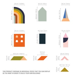 May include: A collection of colorful, geometric wooden building blocks. The set includes various shapes like arches, houses, and triangles, with dimensions in inches and centimeters. The text states that the product contains 26 individual pieces to build your own buildings.