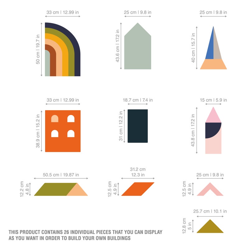 May include: A collection of colorful, geometric wooden building blocks. The set includes various shapes like arches, houses, and triangles, with dimensions in inches and centimeters. The text states that the product contains 26 individual pieces to build your own buildings.
