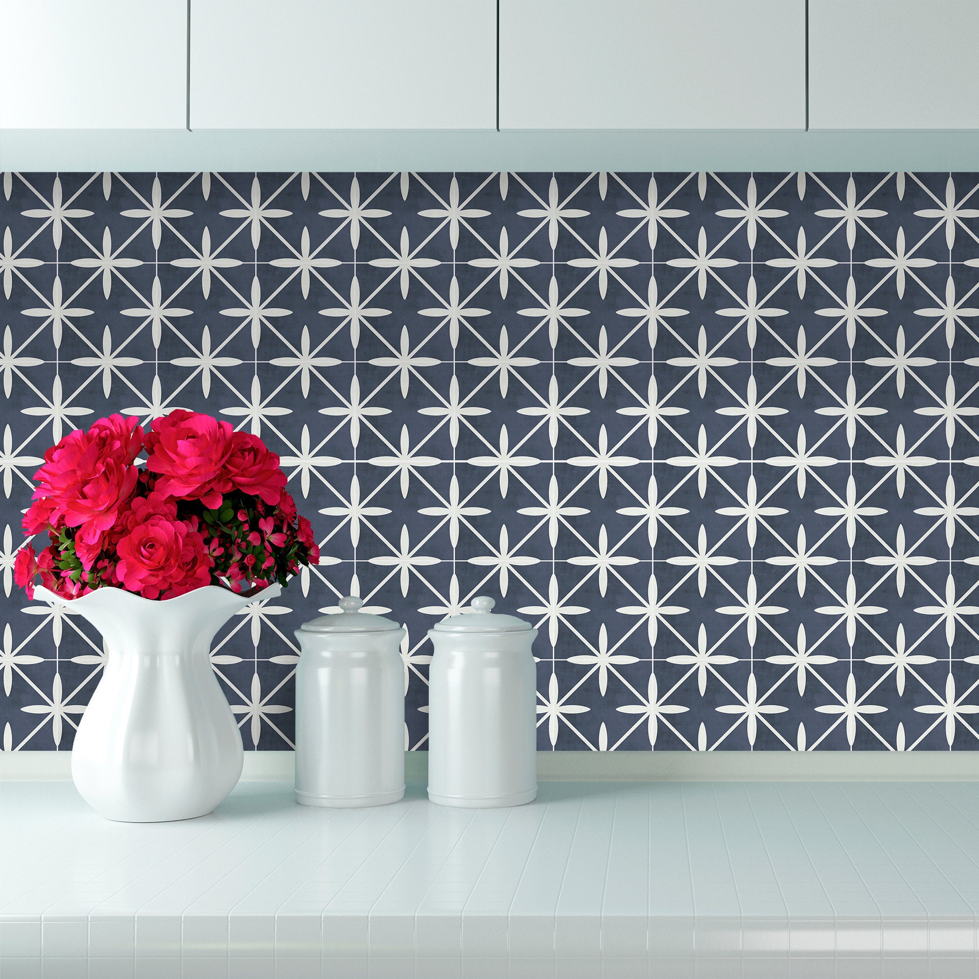 Fiori Blue Tile Stickers, Suitable Wall and Floor, Waterproof, Tile Decoration, All Sizes, Modern Decor, Art Print, PACK of 10, SKU:FIOR