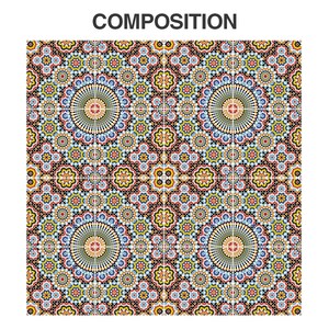 K&ouml;nnte beinhalten: Eine quadratische Fliesenkomposition mit dem Wort COMPOSITION oben. Das Muster besteht aus sich wiederholenden geometrischen Motiven in Gelb, Rot, Blau, Wei&szlig; und Schwarz, angeordnet in einem Raster aus vier gro&szlig;en kreisf&ouml;rmigen Medaillons mit sternartigen Details.