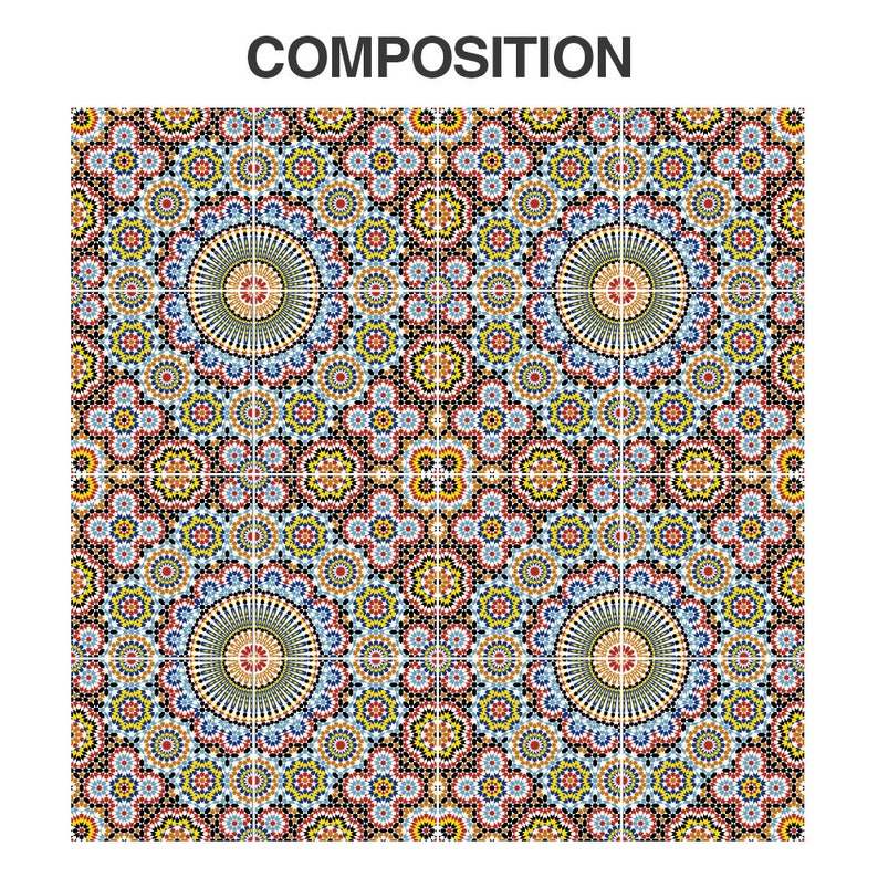 K&ouml;nnte beinhalten: Eine quadratische Fliesenkomposition mit dem Wort COMPOSITION oben. Das Muster besteht aus sich wiederholenden geometrischen Motiven in Gelb, Rot, Blau, Wei&szlig; und Schwarz, angeordnet in einem Raster aus vier gro&szlig;en kreisf&ouml;rmigen Medaillons mit sternartigen Details.
