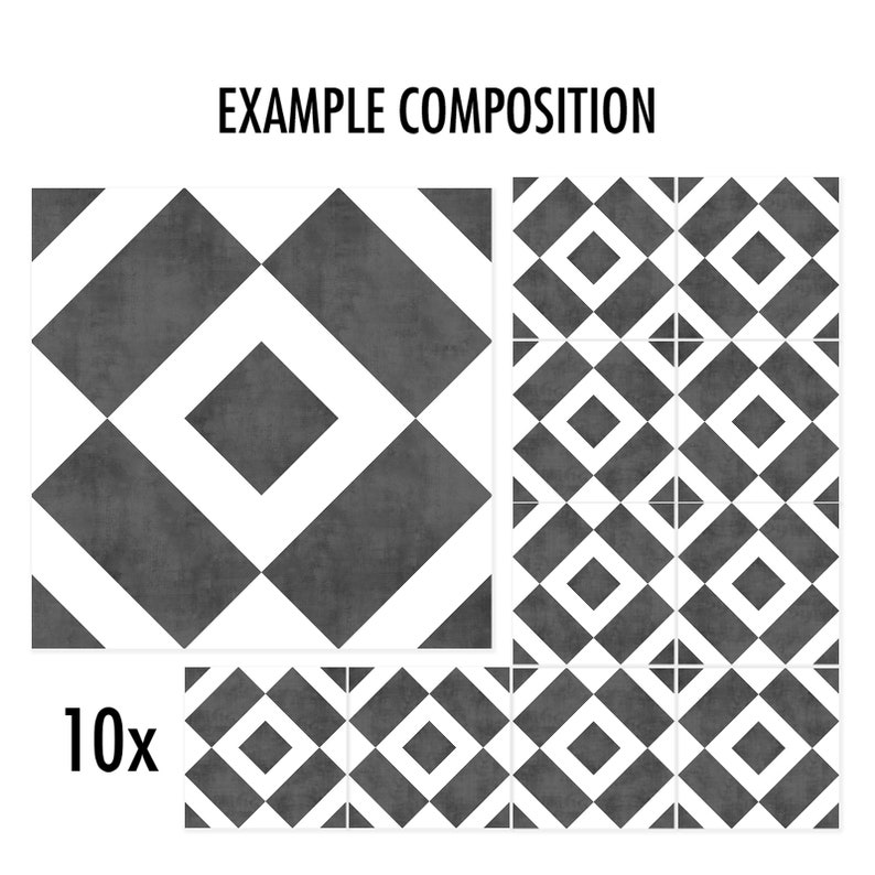 May include: A set of 10 square tiles featuring a geometric pattern of dark gray squares and white diamonds. The text "EXAMPLE COMPOSITION" appears at the top, and "10x" is printed in the bottom left corner, indicating the quantity of tiles included.
