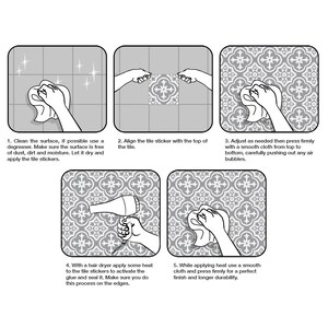 May include: A five-step instructional graphic in black and white illustrating the application of tile stickers. The steps show cleaning the surface, aligning the sticker, pressing it down with a cloth, applying heat with a hair dryer, and sealing.
