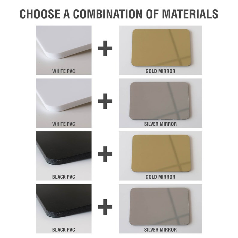 K&ouml;nnte beinhalten: Vier verschiedene Materialkombinationen f&uuml;r ein Projekt. Wei&szlig;es PVC, schwarzes PVC, Goldspiegel und Silberspiegel werden gezeigt.