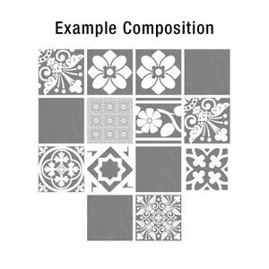 May include: A grid of square tiles featuring various white patterns on a gray background, including floral, geometric, and symmetrical motifs. The text 'Example Composition' is printed in black at the top of the image, above the arrangement of tiles.
