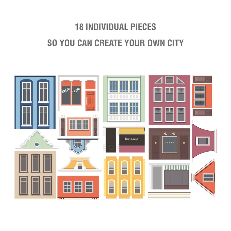 May include: A set of 18 colorful building pieces to create your own city. The pieces include a coffee shop, restaurant, library, and various windows and doors.