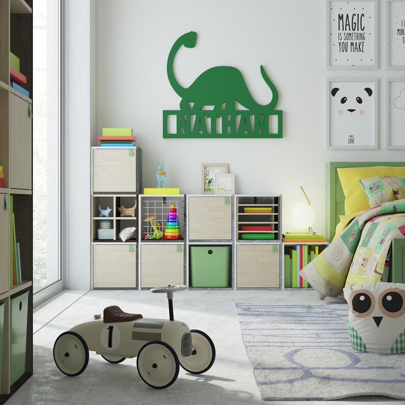 Cute Dinosaur Wall Sign Custom Name, Baby Boy Nursery Decor, Personalized Kids Room Decor, Dino Name Sign, Nursery Wall Art, SKU:CTAP image 1