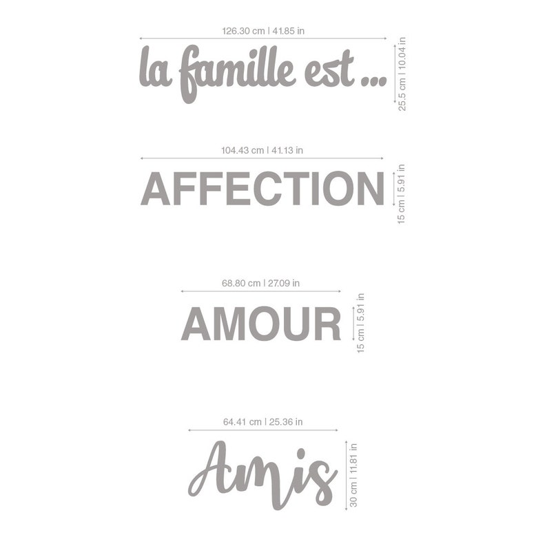 May include: A set of four gray wall decals with French words and measurements in inches and centimeters. The words are "la famille est...", "AFFECTION", "AMOUR", and "Amis".