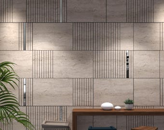 May include: A light beige wall with a geometric pattern of black lines. The wall is divided into squares and rectangles. There are two small white ceramic objects and a potted plant on a wooden table in front of the wall. There are three black metal stools in front of the table.