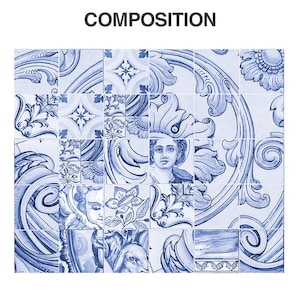 Op de afbeelding: Een raster van vierkante keramische tegels met een handgeschilderd blauw-wit ontwerp. Het patroon bevat krullende acanthusbladeren, bloemmotieven, een menselijk gezicht en een dierenkop. Het woord COMPOSITION staat in het zwart bovenaan.