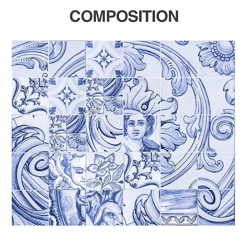 Op de afbeelding: Een raster van vierkante keramische tegels met een handgeschilderd blauw-wit ontwerp. Het patroon bevat krullende acanthusbladeren, bloemmotieven, een menselijk gezicht en een dierenkop. Het woord COMPOSITION staat in het zwart bovenaan.
