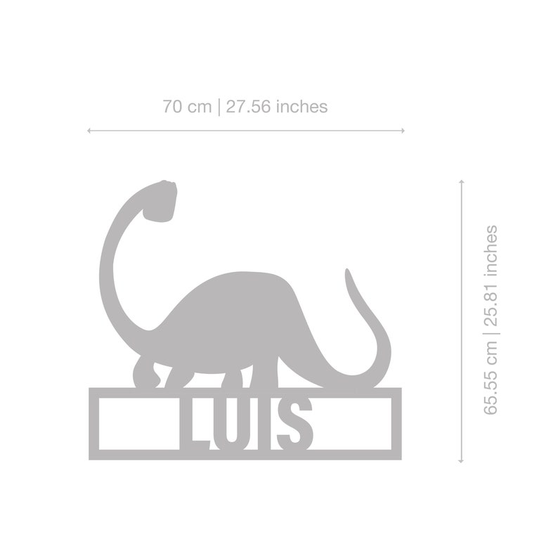 May include: A gray dinosaur silhouette with a long neck and tail, standing on a rectangular base with the name "LUIS" printed in white. The dinosaur is 27.56 inches wide and 25.81 inches tall.
