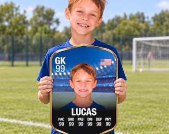 May include: A custom soccer player card featuring a portrait of a young boy, the name LUCAS, and the text GK 99. The card displays a stadium background, a United States flag icon, and a grid of statistics including PAC, SHO, PAS, DRI, DEF, and PHY all at 99.