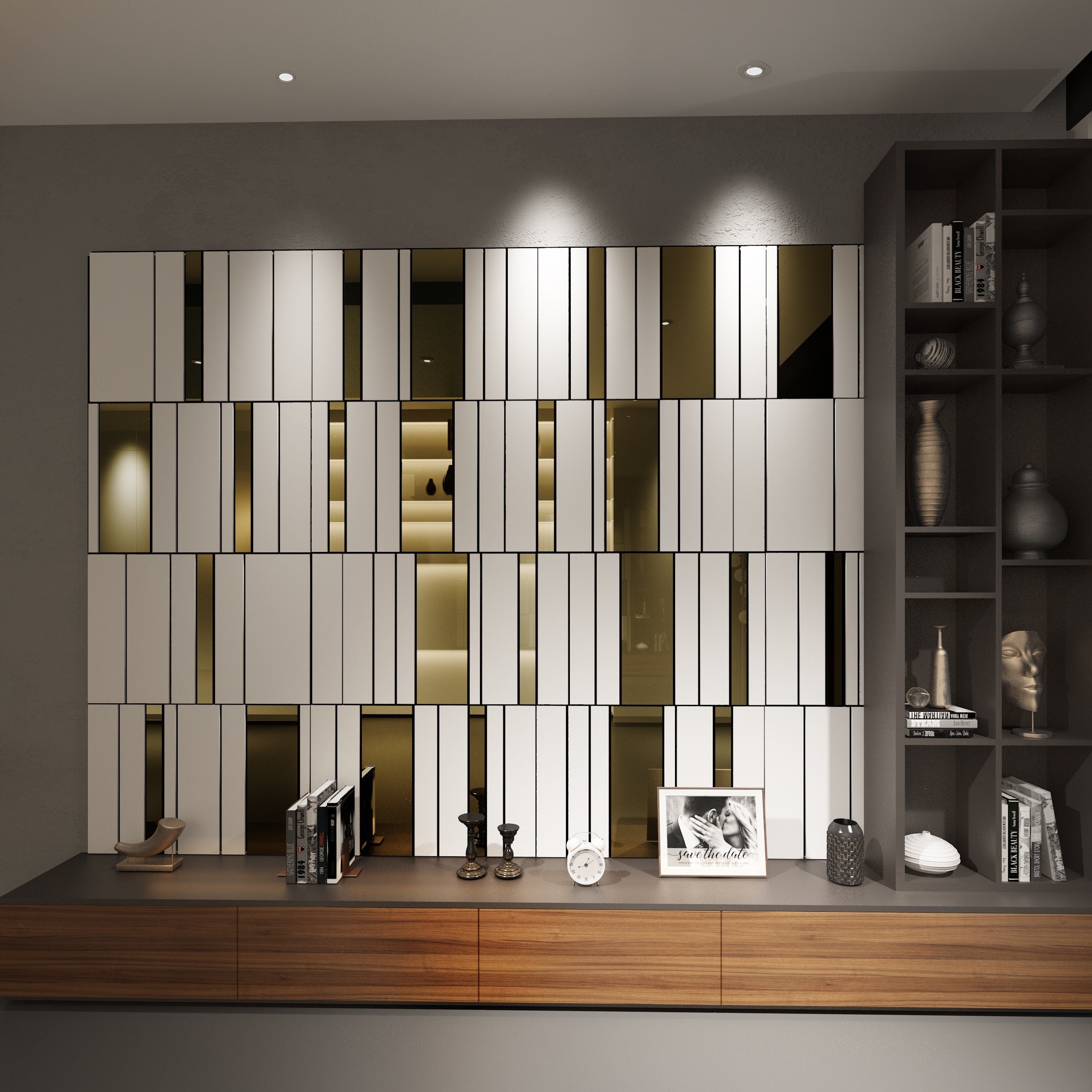 White and Gold Mirror Decorative Panels, 3D Wall Panels, Easy Installation, SKU:WHGO