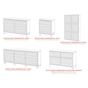 K&ouml;nnte beinhalten: Strichzeichnung verschiedener Besta-Schrankkombinationen. Das Bild zeigt Schr&auml;nke mit 1, 2, 3 und 6 T&uuml;ren sowie eine Kombination mit 2 T&uuml;ren und 2 Schubladen. Jeder Schrank hat ein geometrisches Muster auf den T&uuml;ren. Ma&szlig;e in cm und Zoll.