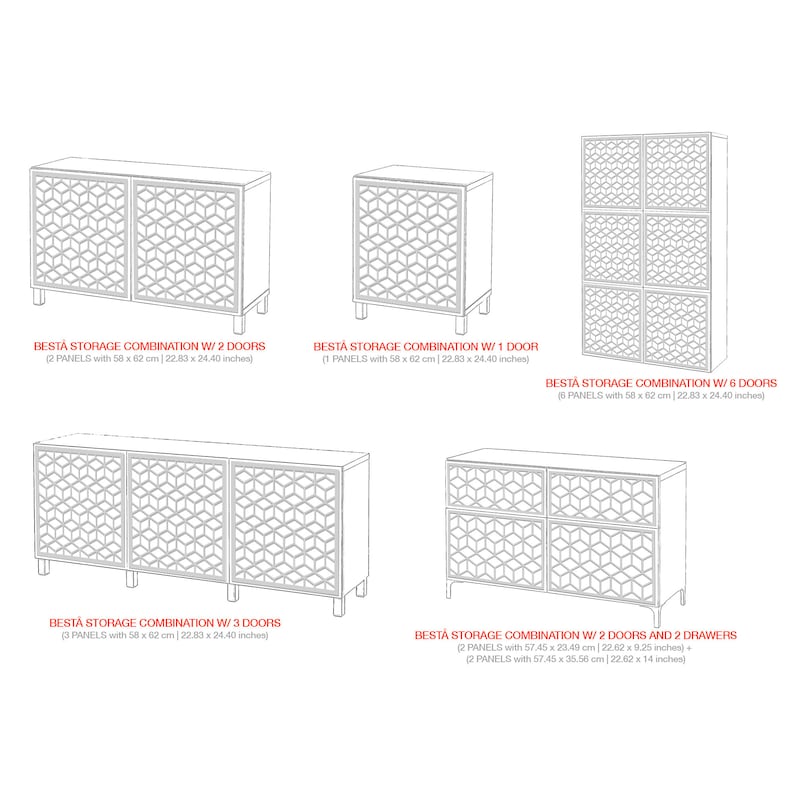 K&ouml;nnte beinhalten: Strichzeichnung verschiedener Besta-Schrankkombinationen. Das Bild zeigt Schr&auml;nke mit 1, 2, 3 und 6 T&uuml;ren sowie eine Kombination mit 2 T&uuml;ren und 2 Schubladen. Jeder Schrank hat ein geometrisches Muster auf den T&uuml;ren. Ma&szlig;e in cm und Zoll.