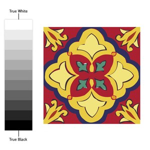 May include: A square decorative tile featuring a symmetrical floral pattern in yellow, red, dark blue, and green. To the left, a vertical grayscale gradient bar is displayed, labeled True White at the top and True Black at the bottom.