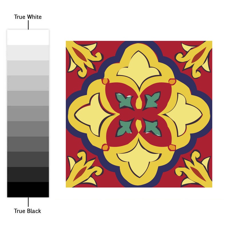 May include: A square decorative tile featuring a symmetrical floral pattern in yellow, red, dark blue, and green. To the left, a vertical grayscale gradient bar is displayed, labeled True White at the top and True Black at the bottom.