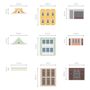 May include: A set of nine illustrations of different building facades, including a yellow building with four windows, a green building with three windows, a brown building with a sign that says "LIBRARY", and a building with a striped awning. The illustrations are labeled with measurements in centimeters.