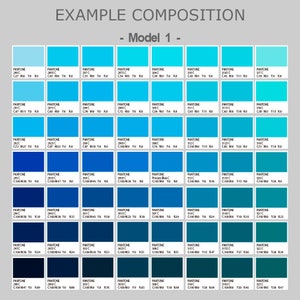 May include: A color reference chart titled EXAMPLE COMPOSITION - Model 1, featuring a grid of 56 rectangular blue Pantone swatches. Each swatch displays its specific Pantone number and CMYK color values, ranging from light sky blue to deep navy.