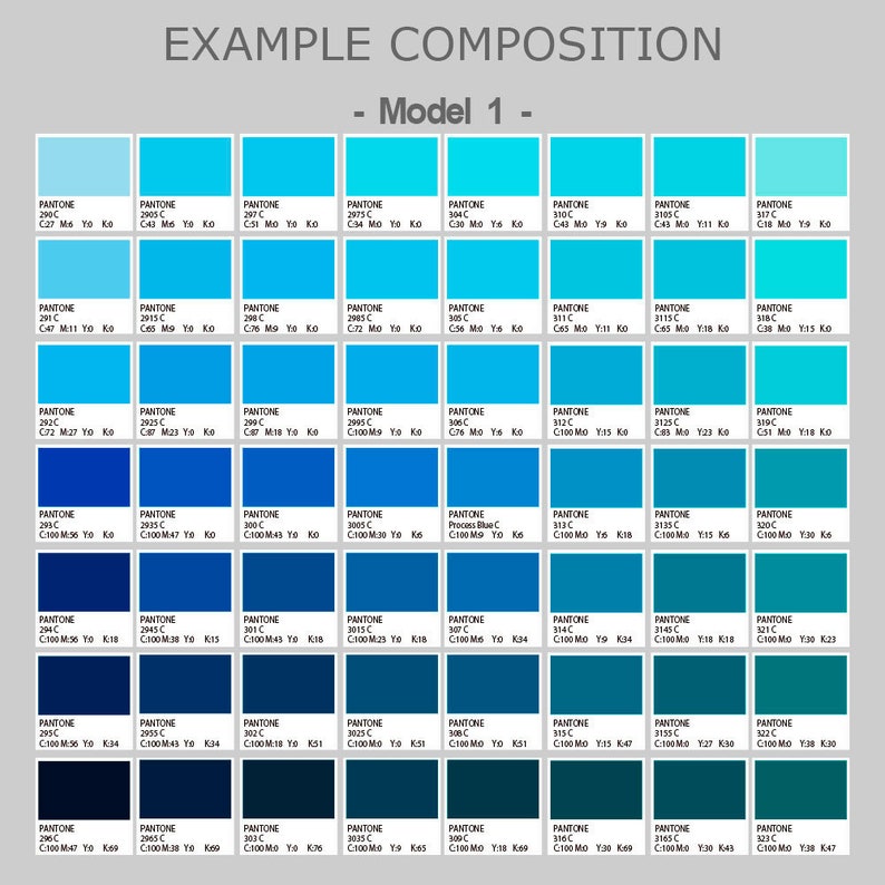 May include: A color reference chart titled EXAMPLE COMPOSITION - Model 1, featuring a grid of 56 rectangular blue Pantone swatches. Each swatch displays its specific Pantone number and CMYK color values, ranging from light sky blue to deep navy.
