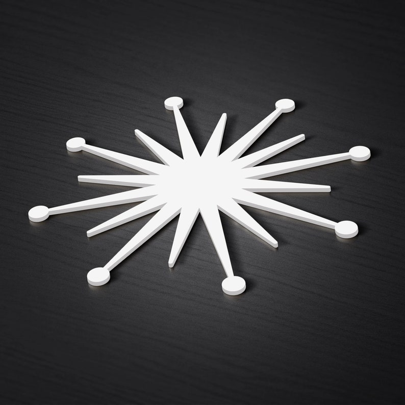 May include: A white, starburst-shaped design with 12 points, each ending in a small circle. The design is on a dark grey background.