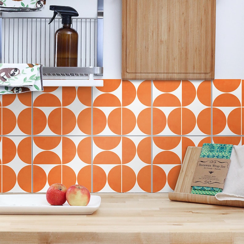 Orange Modern Circles Backsplash Decals Waterproof Crédence adhésive Kitchen Backsplash Peel and Stick in Roll SKU:RT52 image 1