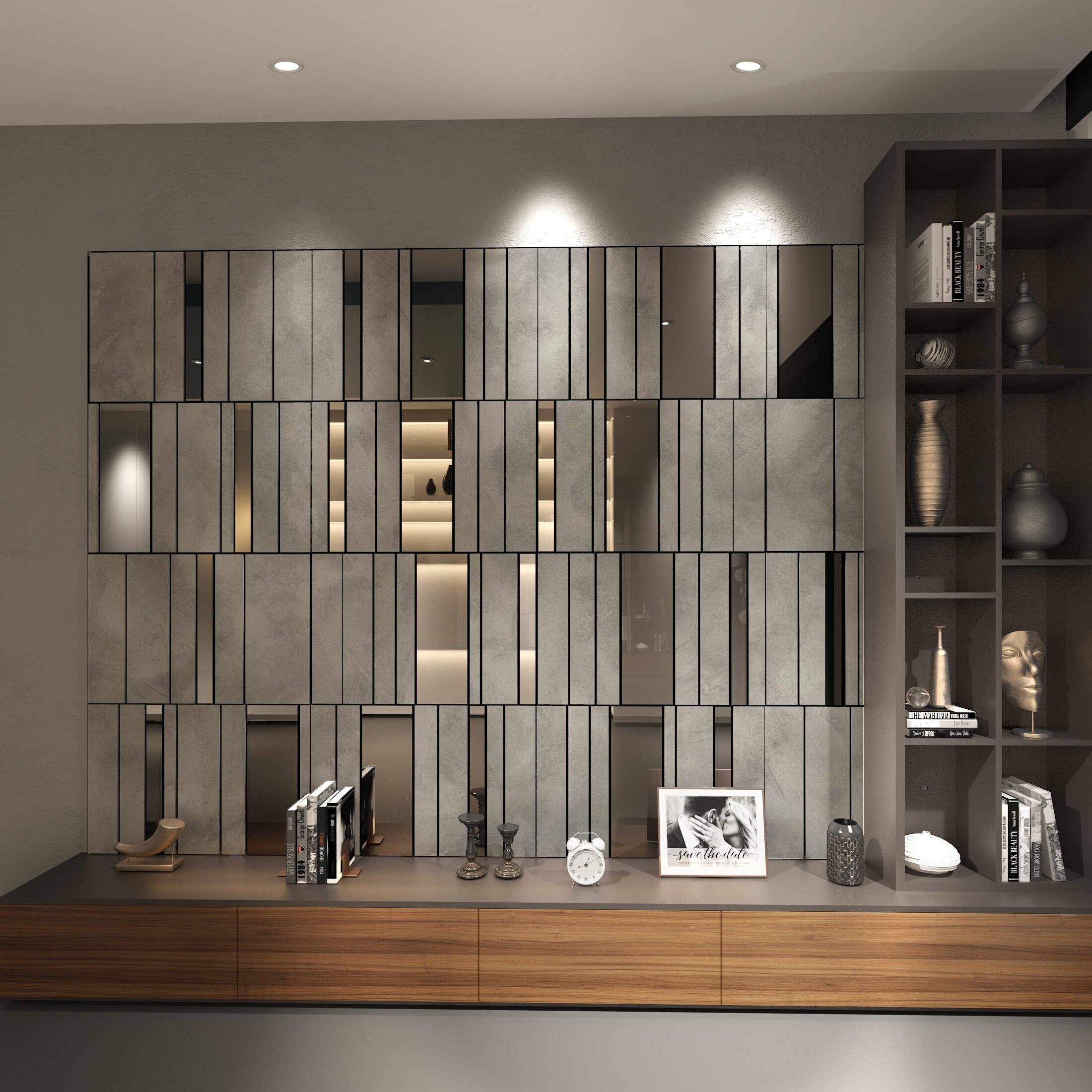 Concrete and Silver Mirror Decorative Panels, 3D Wall Panels, Modern Wall Panels, Large Wall Panels, SKU:COIS