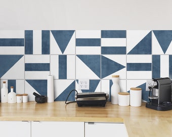 Geometric Blue Backsplash Tiles - Kitchen backsplash peel and stick in roll - Crédence adhésive - Wall Decals - SKU:RT42