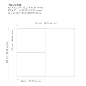 K&ouml;nnte beinhalten: Diagramm mit Rollengr&ouml;&szlig;en und Abmessungen in Zentimetern und Zoll. Die gr&ouml;&szlig;te Rolle ist 122 cm x 100 cm (48,03 x 39,37 Zoll), gefolgt von 100 cm x 60 cm (39,37 x 23,62 Zoll) und 50 cm x 60 cm (19,69 x 23,62 Zoll).