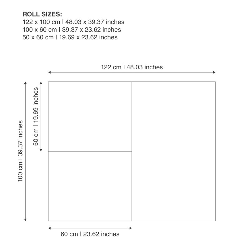 K&ouml;nnte beinhalten: Diagramm mit Rollengr&ouml;&szlig;en und Abmessungen in Zentimetern und Zoll. Die gr&ouml;&szlig;te Rolle ist 122 cm x 100 cm (48,03 x 39,37 Zoll), gefolgt von 100 cm x 60 cm (39,37 x 23,62 Zoll) und 50 cm x 60 cm (19,69 x 23,62 Zoll).