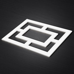 May include: White geometric design with overlapping squares, creating a pattern of nested frames. The design is made of a single piece of white material and has a flat, two-dimensional appearance.