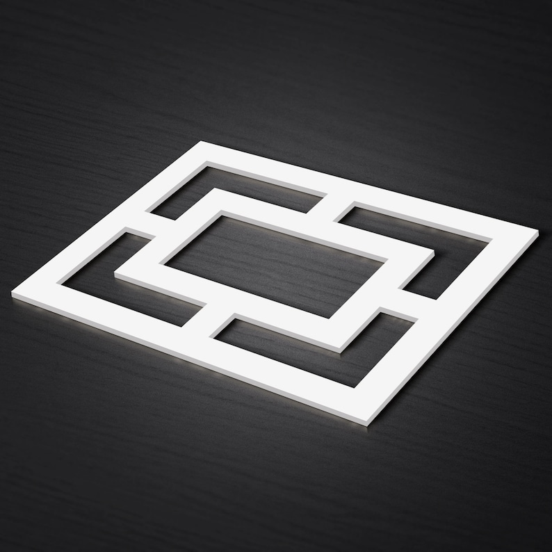 May include: White geometric design with overlapping squares, creating a pattern of nested frames. The design is made of a single piece of white material and has a flat, two-dimensional appearance.