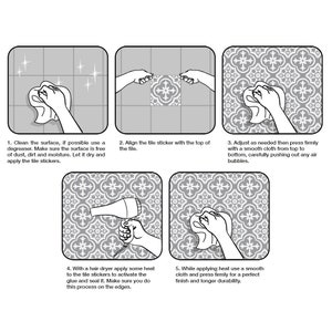 Puede incluir: Un gr&aacute;fico de instrucciones de cinco pasos para aplicar pegatinas para azulejos. Los pasos muestran c&oacute;mo limpiar una superficie, alinear la pegatina, presionarla con un pa&ntilde;o, aplicar calor con un secador y alisar los bordes para un acabado.