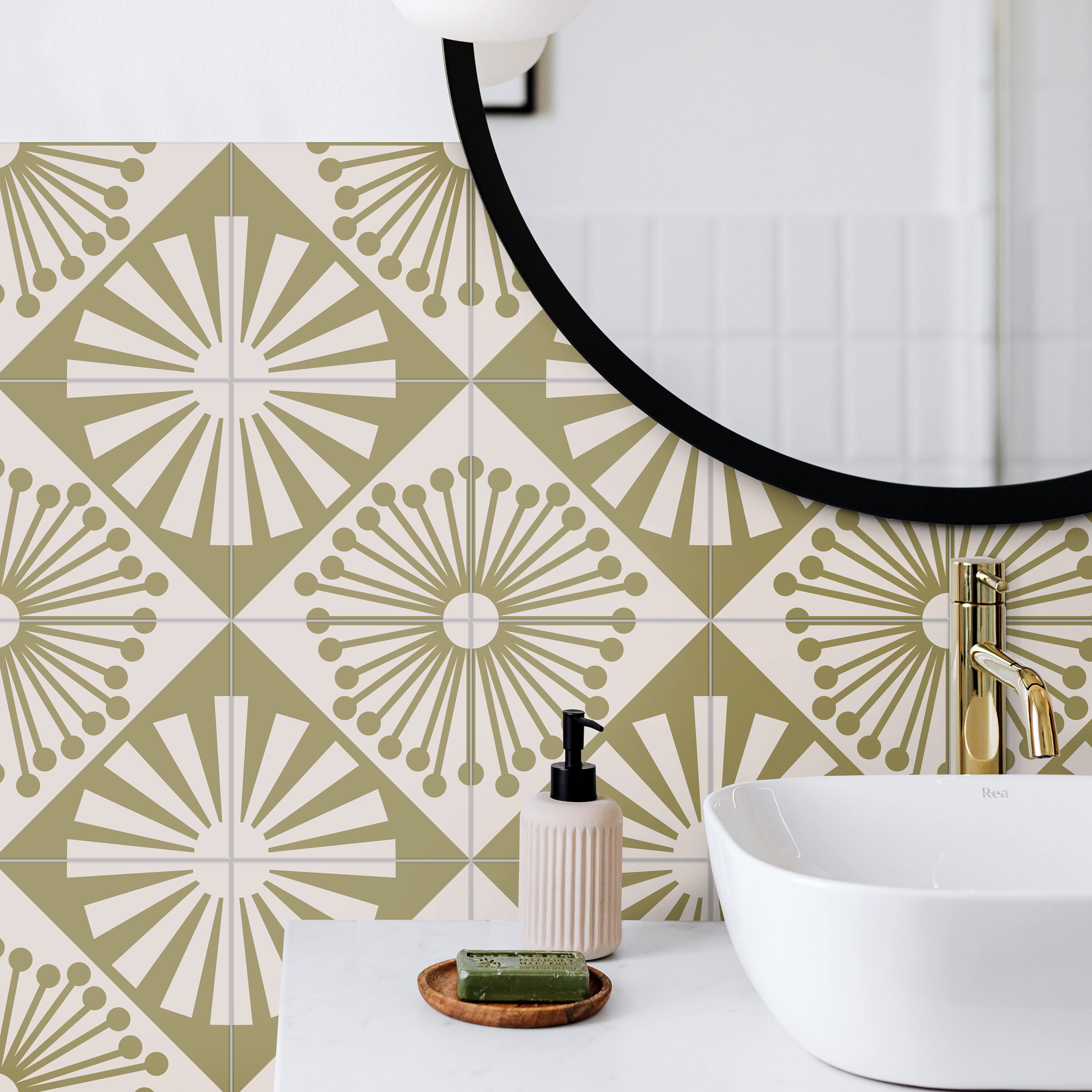 Giza Olive Tile Stickers, Bohemian Abstract Shapes Vinyl Tile Decal, Self-Adhesive Wall & Floor, PACK of 10, SKU:GEEA