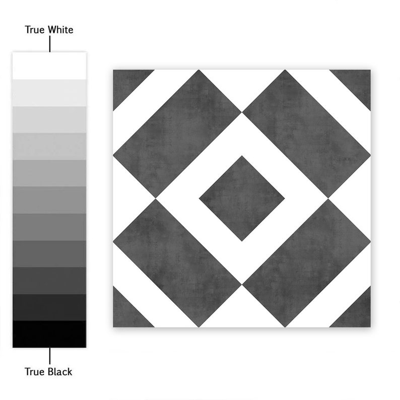 May include: A square tile featuring a geometric pattern of dark gray textured squares and white diamonds. To the left, a vertical grayscale gradient bar displays shades from True White at the top to True Black at the bottom with labels.
