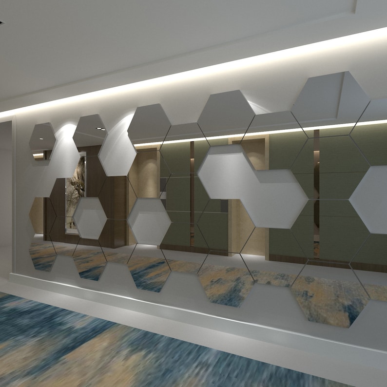 May include: A wall covered in a geometric pattern of hexagonal mirrors. The mirrors are arranged in a grid pattern and reflect the hallway behind them.