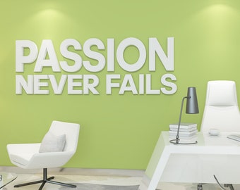 May include: A modern office space with a lime green wall featuring the text "PASSION NEVER FAILS" in large white letters. The room includes a white desk, chair, and a small lamp. A white chair with a gray pillow is also present.