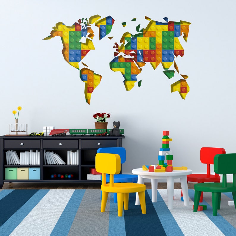 World Map Playroom Building Blocks Bricks kids Decor Wall Etsy