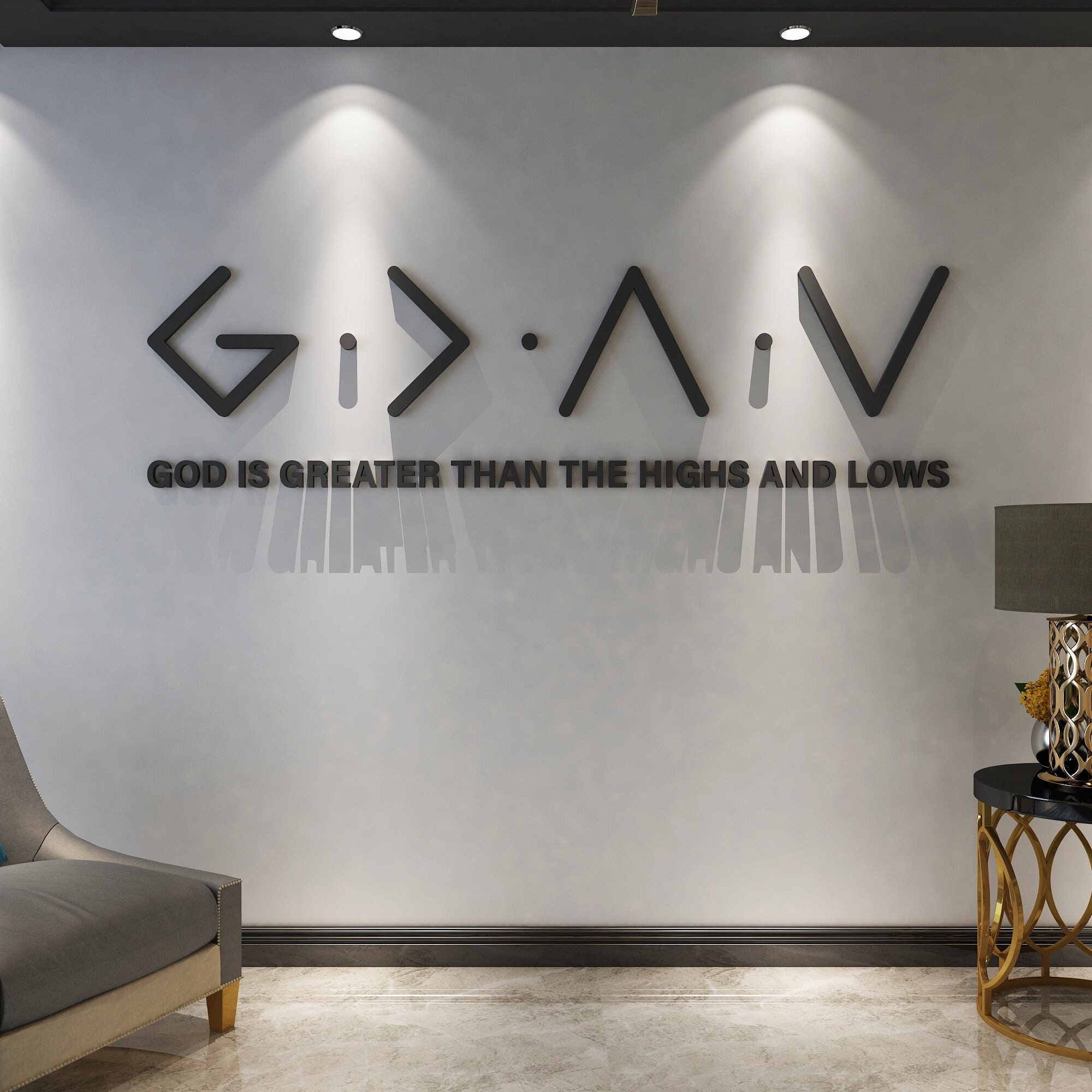 Dios es más grande que los altos y bajos, arte mural con versículo bíblico, letrero con letras 3D de fe en Dios, decoración para el hogar de la iglesia, SKU:GGHL