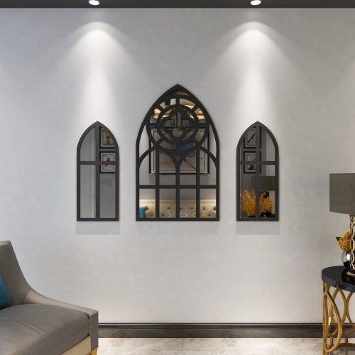 Miroirs médiévaux gothiques arches, arche de style cathédrale, ensemble de décoration murale de chambre gothique, miroir or et argent, miroir d'art 3D, SKU : GOAR