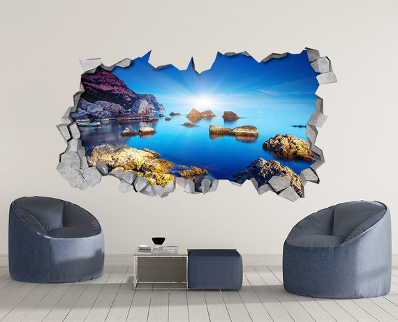 rocky sea 3d wall art broken wall 3d wall stickers | etsy