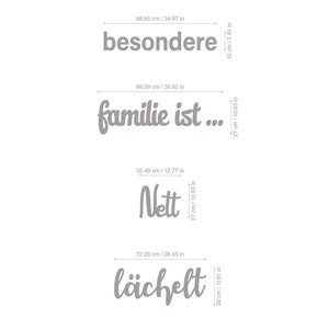 Puede incluir: Un conjunto de cuatro calcoman&iacute;as de pared de vinilo gris con las palabras "besondere", "familie ist...", "Nett" y "l&auml;chelt". Las calcoman&iacute;as est&aacute;n en una fuente cursiva y tienen aproximadamente 89 cm, 99 cm, 33 cm y 71 cm de ancho, respectivamente.
