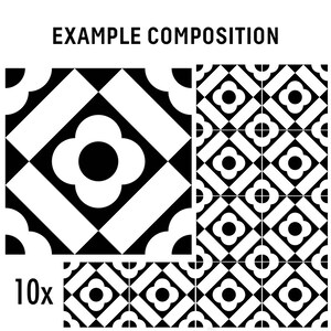 Puede incluir: Un conjunto de 10 azulejos cuadrados con un patr&oacute;n geom&eacute;trico en blanco y negro. Cada azulejo muestra una forma de flor de cuatro p&eacute;talos central rodeada de rayas diagonales y arcos en las esquinas. El texto EXAMPLE COMPOSITION aparece arriba.