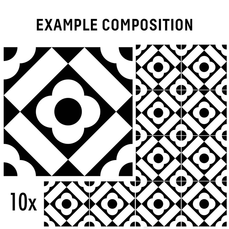 Puede incluir: Un conjunto de 10 azulejos cuadrados con un patr&oacute;n geom&eacute;trico en blanco y negro. Cada azulejo muestra una forma de flor de cuatro p&eacute;talos central rodeada de rayas diagonales y arcos en las esquinas. El texto EXAMPLE COMPOSITION aparece arriba.