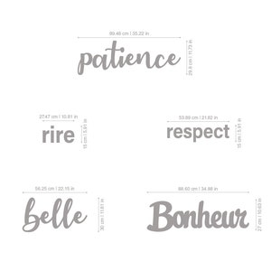 May include: A set of five wooden wall decor signs with French words: patience, rire, respect, belle, and bonheur. The words are written in a cursive font and are painted in a light gray color.