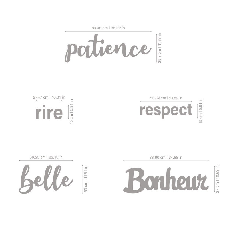 May include: A set of five wooden wall decor signs with French words: patience, rire, respect, belle, and bonheur. The words are written in a cursive font and are painted in a light gray color.