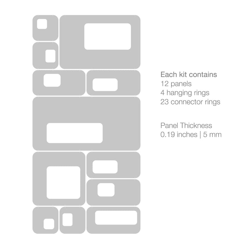 Puede incluir: Conjunto de paneles rectangulares grises con esquinas redondeadas y recortes blancos. La imagen incluye texto que indica que cada kit contiene 12 paneles, 4 anillos para colgar y 23 anillos conectores. Grosor del panel: 5 mm.