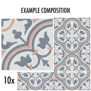 Puede incluir: Un conjunto de 10 azulejos cuadrados con un patr&oacute;n floral repetitivo en azul pizarra y melocot&oacute;n suave sobre un fondo blanco. El texto EXAMPLE COMPOSITION aparece en la parte superior y el texto 10x se muestra en la esquina inferior izquierda.