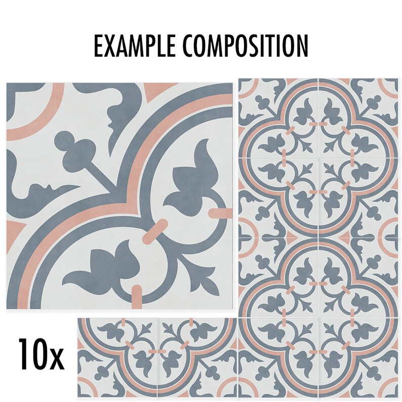 Puede incluir: Un conjunto de 10 azulejos cuadrados con un patr&oacute;n floral repetitivo en azul pizarra y melocot&oacute;n suave sobre un fondo blanco. El texto EXAMPLE COMPOSITION aparece en la parte superior y el texto 10x se muestra en la esquina inferior izquierda.